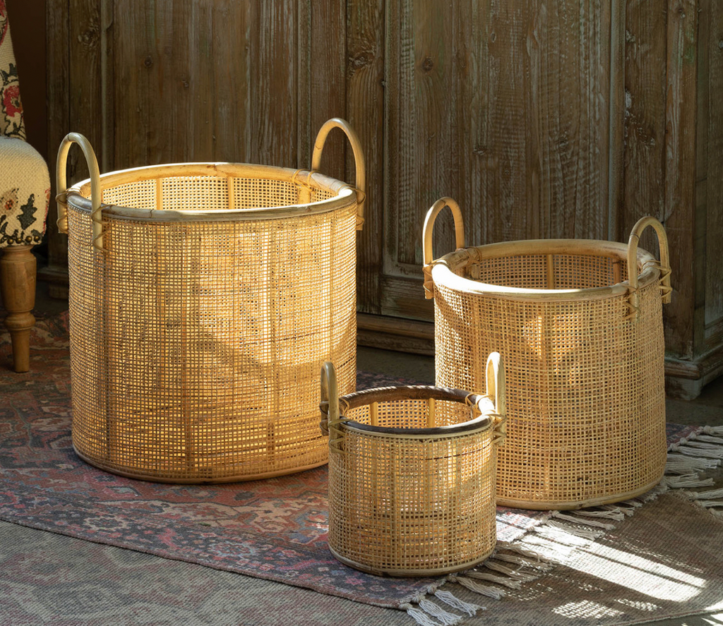 Natural Woven Rattan Baskets with Handles, S/3 - The Hive Experience